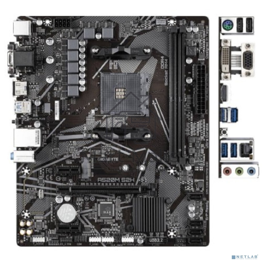Материнская плата Gigabyte A520M S2H, AM4, AMD A520, 2xDDR4, 4xSATA, 1xM.2, 1xPCIe 3.0 x16, 2xPCIe x1, 1xHDMI, 1xDVI-D, 1xVGA, 1x 1Gb LAN, 4xUSB-A 3.2 Gen 1, 2xUSB-A 2.0, 3x3.5 мм, 7.1, mATX