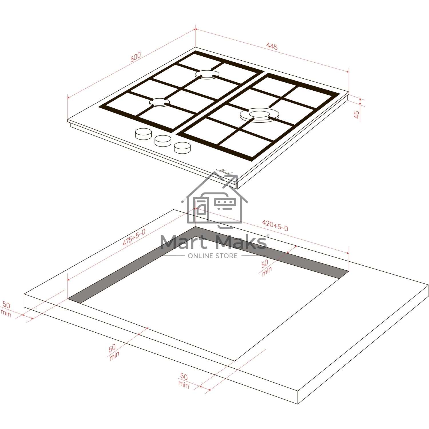 Газовая варочная панель MONSHER, газ, High-Tech, 44 см, автоматический электроподжиг, газ-контроль, форсунки под сжиженый газ, SABAF конфорки, чугунные решетки, черный