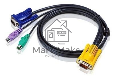 Шнур, мон+клав+мышь PS/2, SPHD15=>HD DB15+2x6MINI-DIN ATEN (2L-5202P) Male-3xMale, 8+6+6 проводов, опрессованный, 1.8 метр., черный