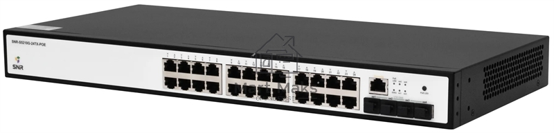Управляемый коммутатор SNR уровня 2+, 24 порта 10/100/1000Base-T с поддержкой POE, 4 порта 1/10G SFP+, бюджет POE 370W