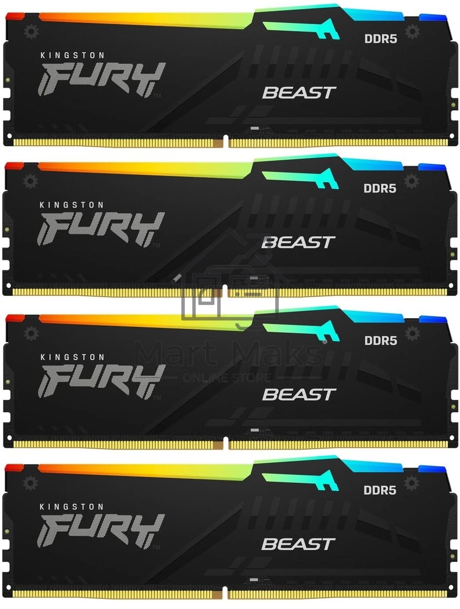 Оперативная память Kingston Fury Beast, DDR5, 64GB (4x16GB), 5200MHz, CL40, DIMM, с радиаторами, RGB, черный