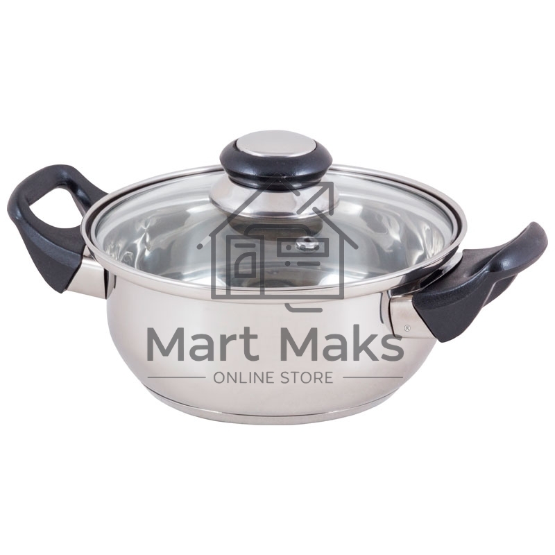 Кастрюля Mallony из нерж стали с крышкой (стекло) BAK-S-02, 2 л, ручки - бакелит, одинарное дно