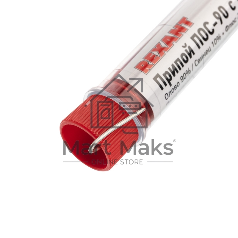 Припой с канифолью ПОС-90 Rexant, 10 г, Ø1.0 мм, (олово 90%, свинец 10%), колба