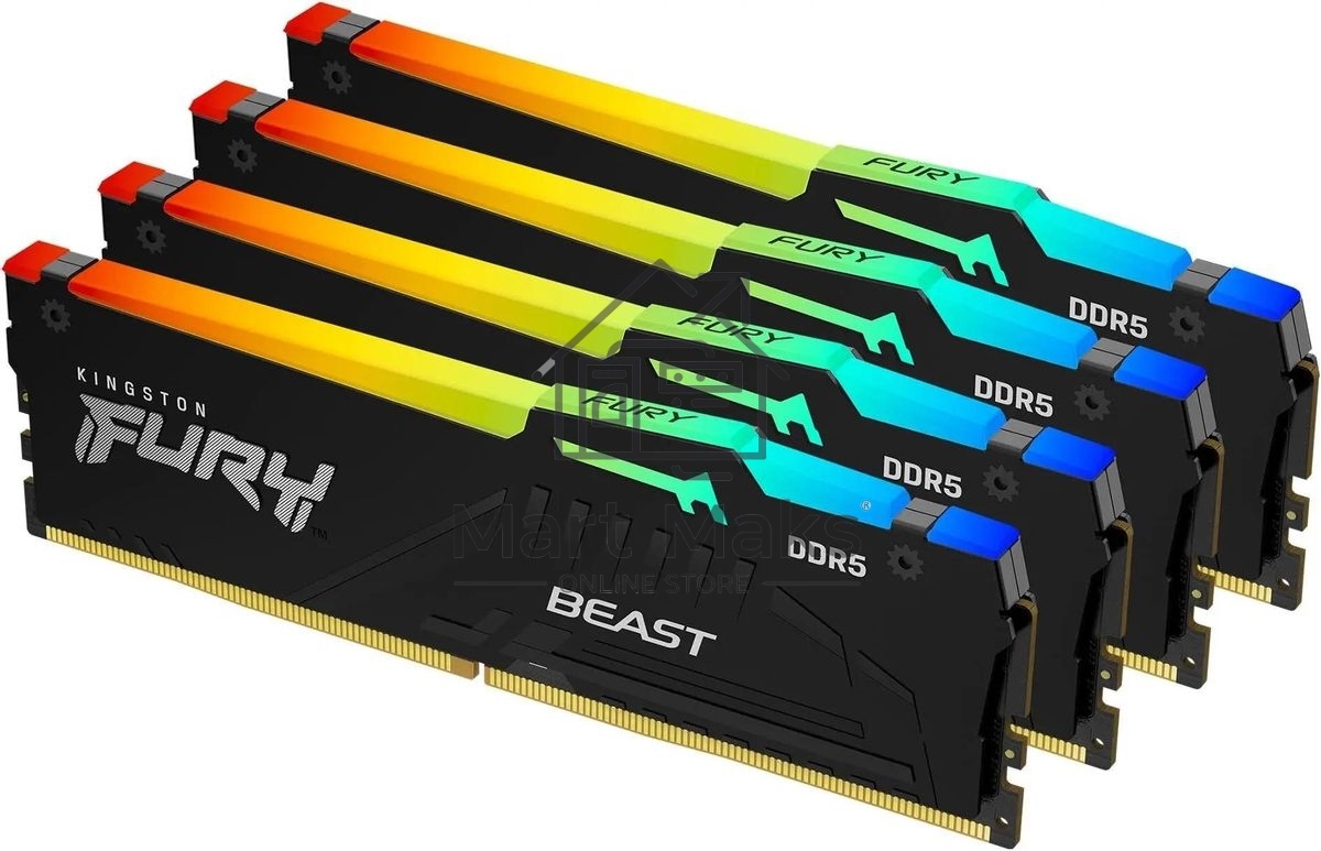 Оперативная память Kingston Fury Beast, DDR5, 64GB (4x16GB), 5200MHz, CL40, DIMM, с радиаторами, RGB, черный