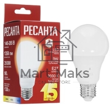 Лампа светодиодная Ресанта LL-R-A65-15W-230-3K-E27 груша, 15 Вт, тепл., Е27