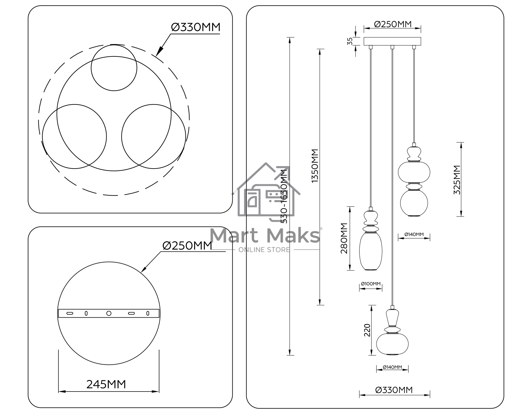 Светильник Ambrella light LH53143/3 BK/WH черный/белый 19W 3000K D330*1630