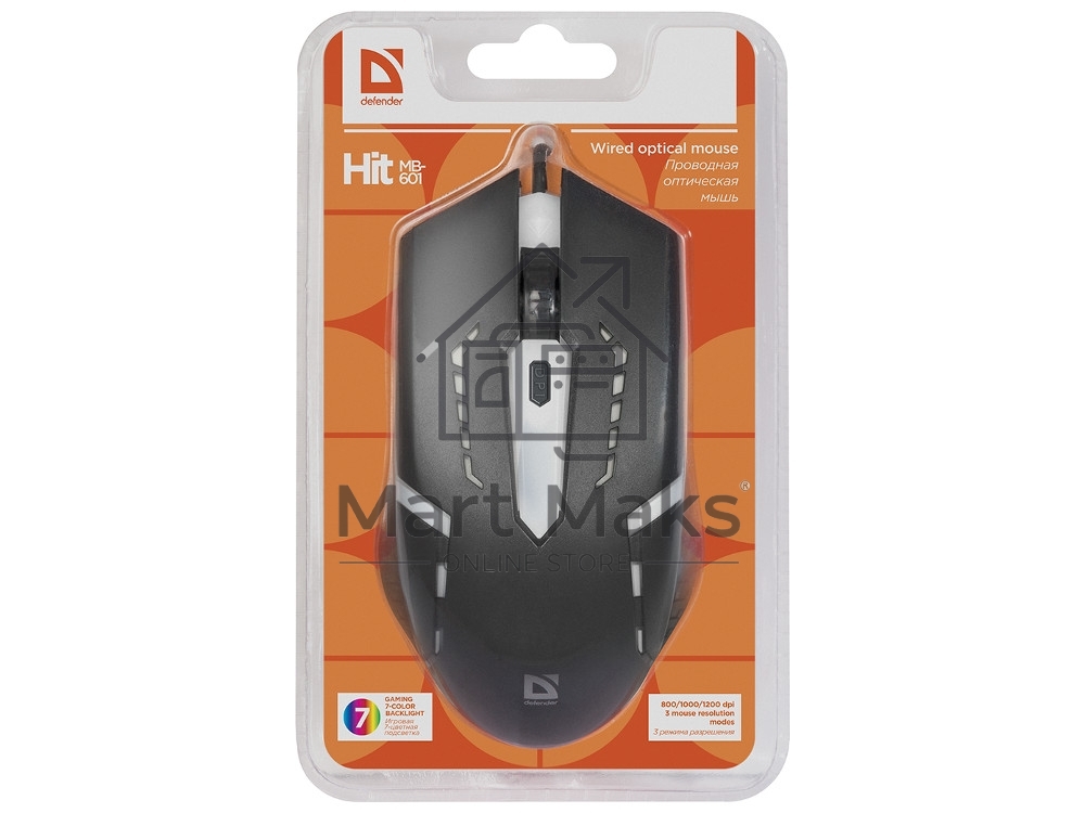 Мышь проводная Defender Hit MB-601 черный, 1200 dpi, USB, кнопки - 4