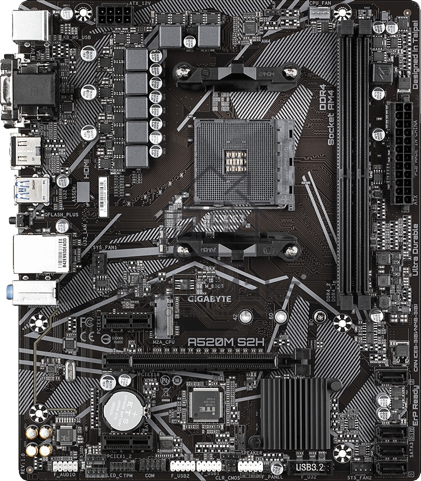 Материнская плата Gigabyte A520M S2H, AM4, AMD A520, 2xDDR4, 4xSATA, 1xM.2, 1xPCIe 3.0 x16, 2xPCIe x1, 1xHDMI, 1xDVI-D, 1xVGA, 1x 1Gb LAN, 4xUSB-A 3.2 Gen 1, 2xUSB-A 2.0, 3x3.5 мм, 7.1, mATX