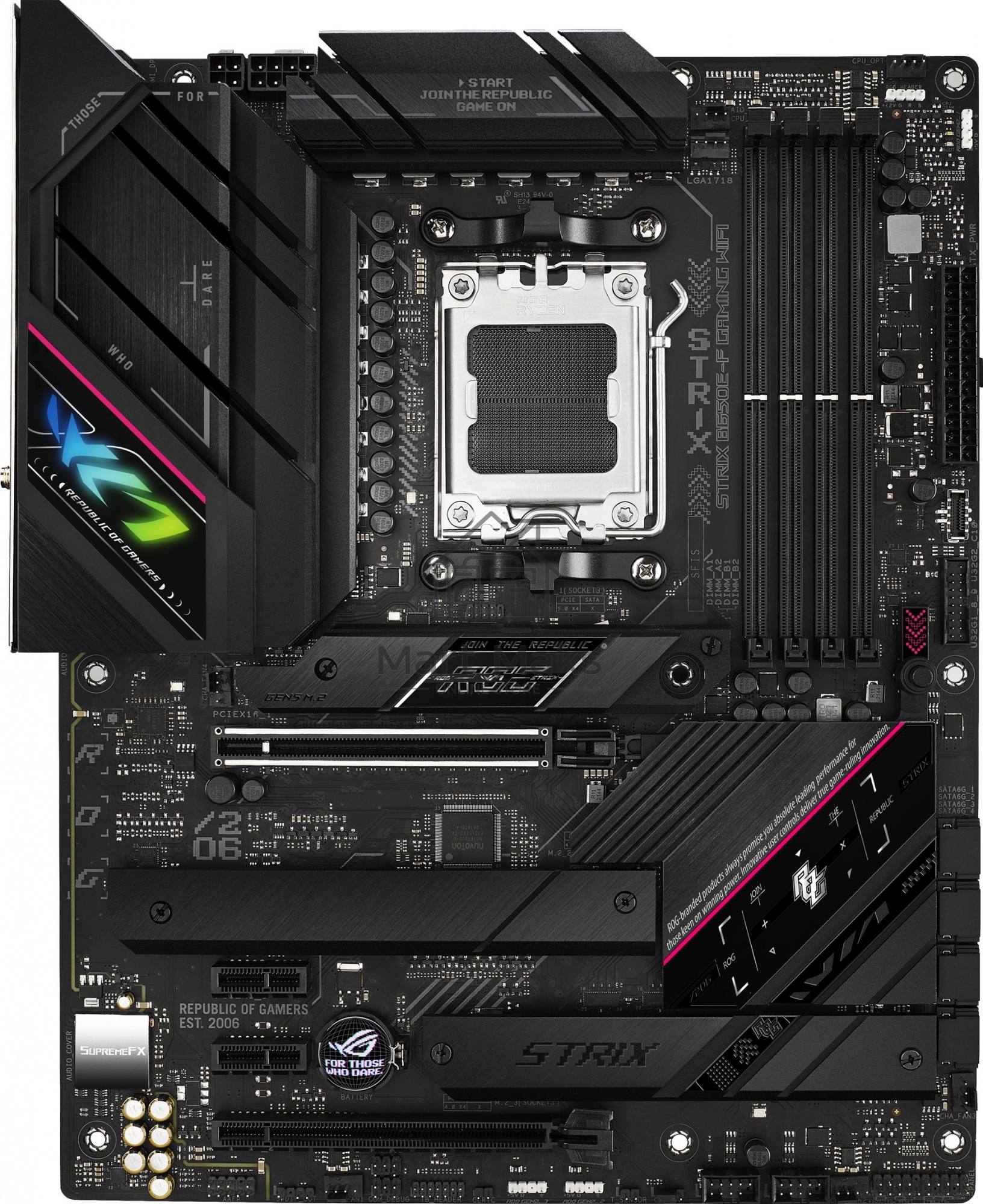 Материнская плата ASUS ROG STRIX B650E-F GAMING WIFI, AM5, AMD B650, 4xDDR5, 4xSATA, 3xM.2, 1xPCI-E 5.0 x16, 1xPCI-E 4.0 x4, 2xPCI-E x1, 1xHDMI, 1xDP, 1x 2.5Gb LAN, 4xUSB-A 2.0, 4xUSB-A 3.2 Gen 1, 2xUSB-A 3.2 Gen 2, 1xUSB-C 3.2 Gen 2, 1xUSB-C 3.2 Gen 2x2,