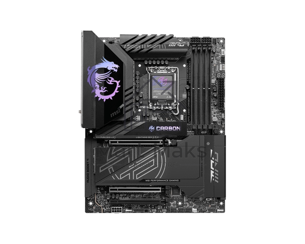Материнская плата MSI MPG Z890 CARBON WIFI, LGA 1851, Intel Z890, 4xDDR5, 4xSATA, 5xM.2, 1xPCI-E 5.0 x16, 1xPCI-E 5.0 x8, 1xPCI-E 4.0 x4, 1xHDMI, 2xUSB-C Thunderbolt 4, 1xUSB-C 3.2 Gen 2, 10xUSB-A 3.2 Gen 2, 2x 5Gb LAN, 2x3.5 мм, 7.1, ATX
