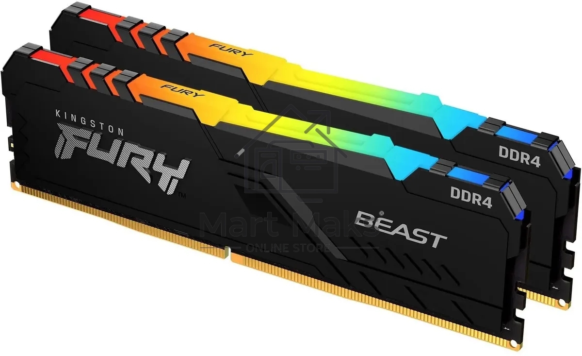 Оперативная память Kingston Fury Beast, DDR4, 32GB (2x16GB), 3200MHz, CL16, DIMM, с радиатором, RGB, черный