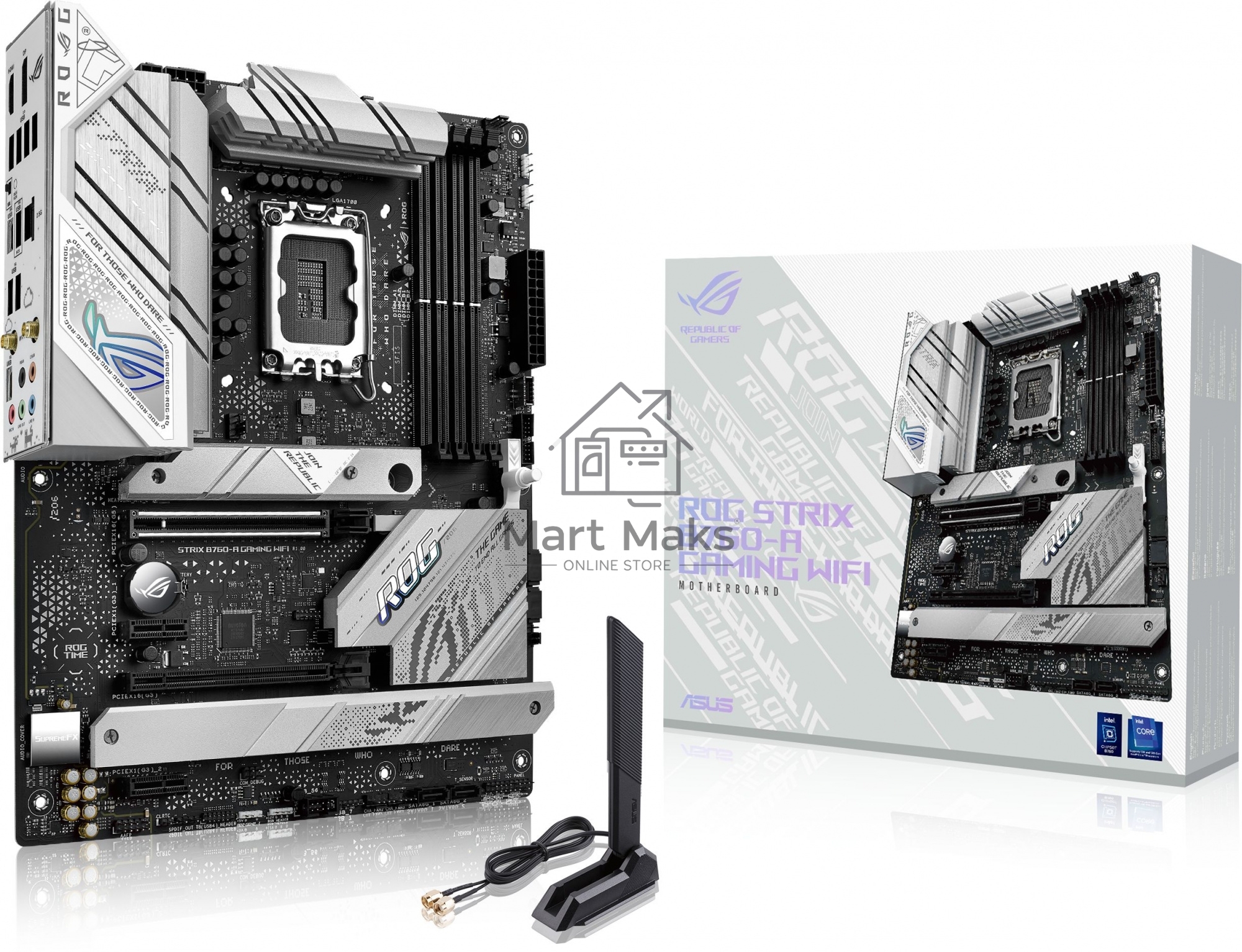Материнская плата ASUS ROG STRIX B760-A GAMING WIFI, LGA 1700, Intel B760, 4xDDR5, 4xSATA, 3xM.2, 1xPCIe 5.0 x16, 1xPCIe 3.0 x4, 1xHDMI, 1xDP, 1x 2.5Gb LAN, 1xUSB-A 3.2 Gen 2, 2xUSB-A 3.2 Gen 1, 4xUSB 2.0, 5x3.5 мм, 7.1, Standard-ATX
