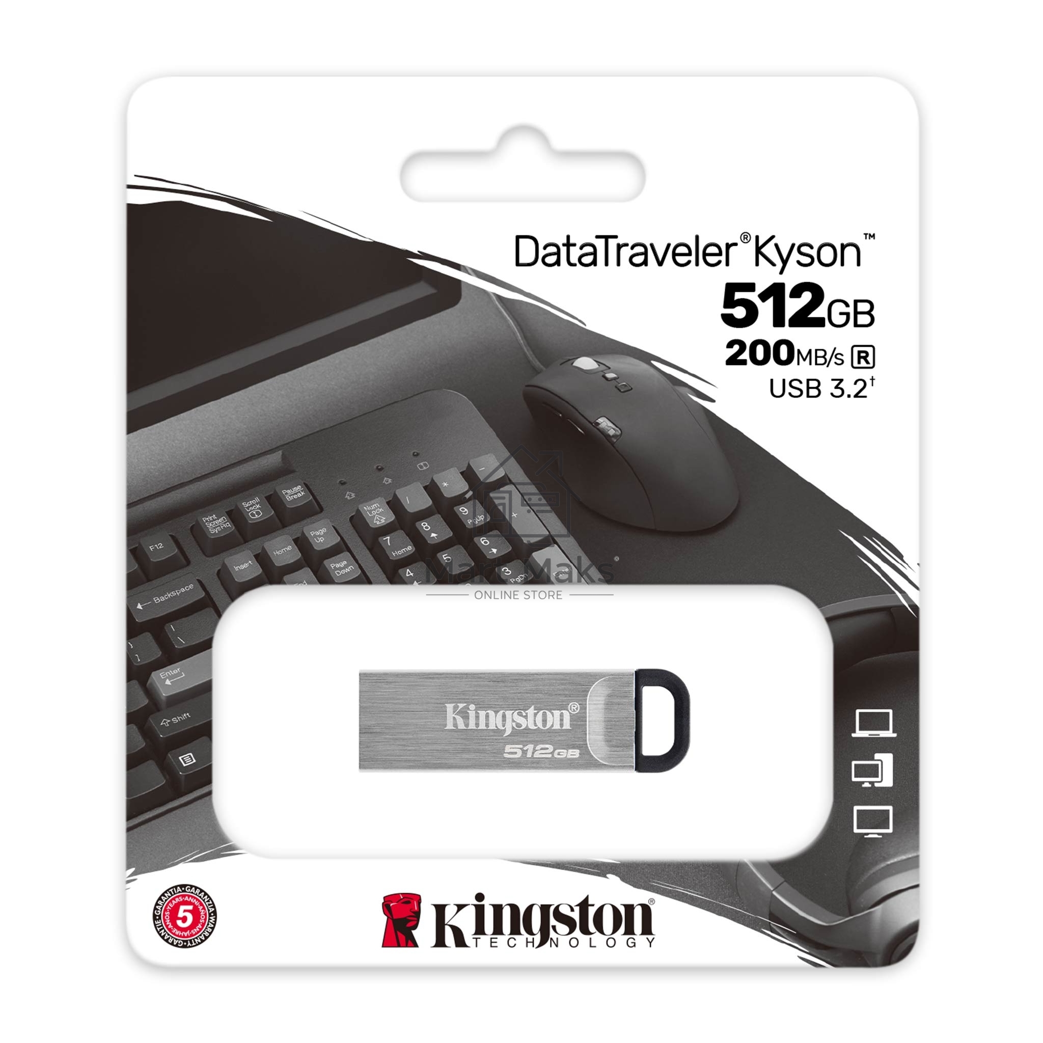 Флешка USB Kingston DataTraveler Kyson metal case silver (DTKN/512Gb), 512Gb, USB 3.0, R/W 200/60, серый