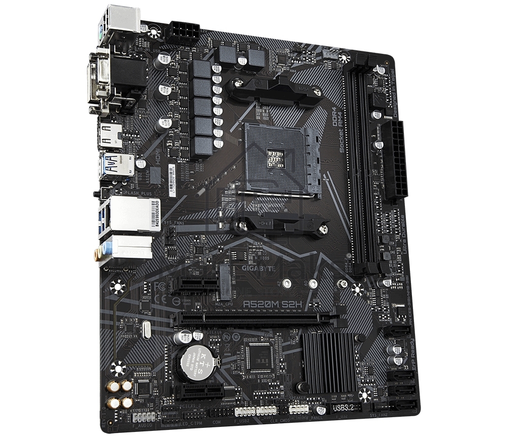Материнская плата Gigabyte A520M S2H, AM4, AMD A520, 2xDDR4, 4xSATA, 1xM.2, 1xPCIe 3.0 x16, 2xPCIe x1, 1xHDMI, 1xDVI-D, 1xVGA, 1x 1Gb LAN, 4xUSB-A 3.2 Gen 1, 2xUSB-A 2.0, 3x3.5 мм, 7.1, mATX