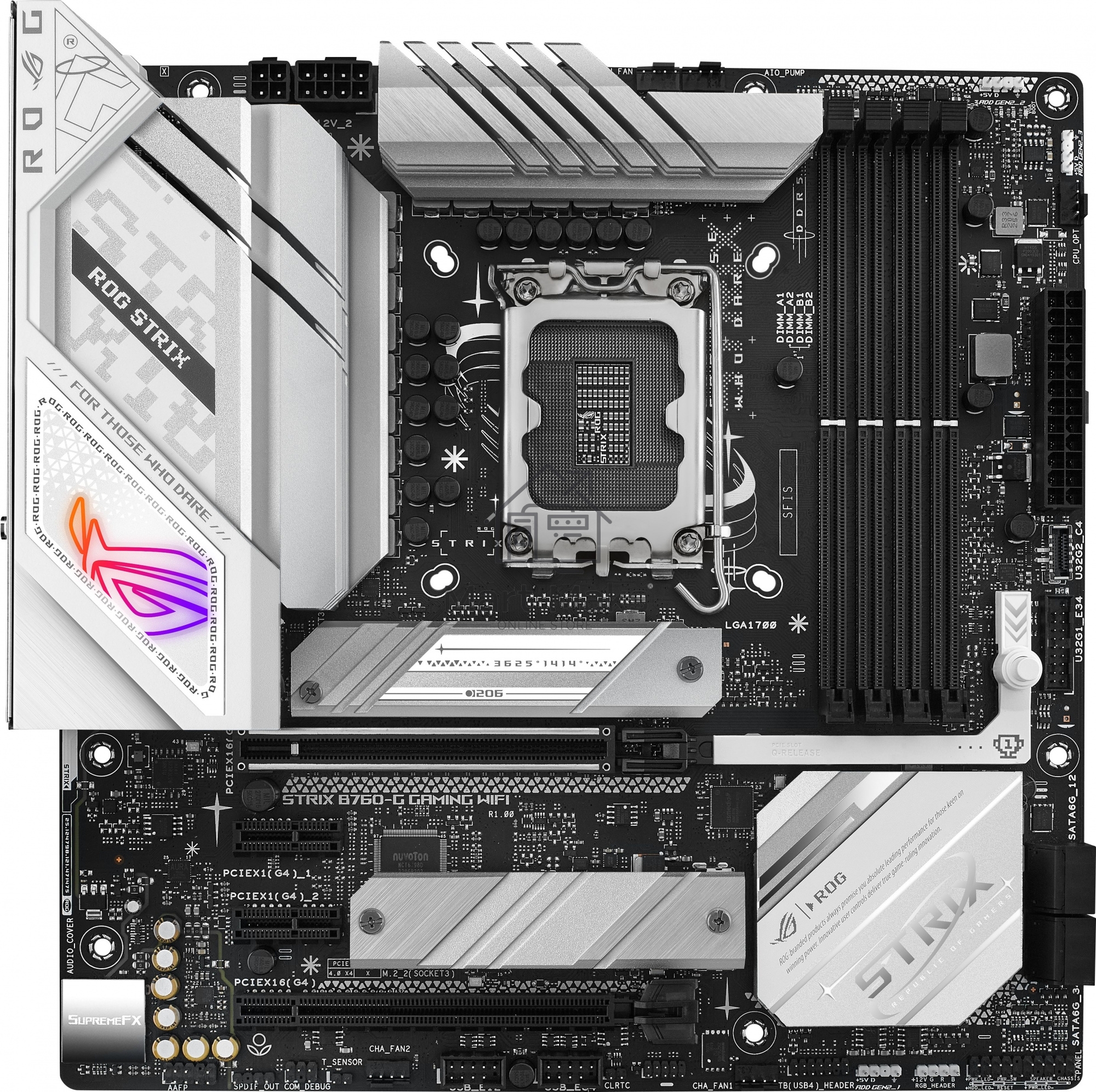 Материнская плата ASUS ROG STRIX B760-G GAMING WIFI, LGA 1700, Intel B760, 4xDDR5, 4xSATA, 2xM.2, 1xPCIe 5.0 x16, 1xPCIe 4.0 x4, 1xHDMI, 1xDP, 1x 2.5Gb LAN, 1xUSB-A 3.2 Gen 2, 2xUSB-A 3.2 Gen 1, 4xUSB-A 2.0, 1xUSB-C 3.2 Gen 1, 1xUSB-C 3.2 Gen 2x2, 5x3.5 м