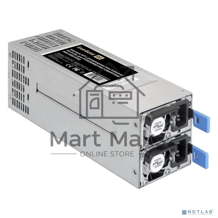 Серверный блок питания 2U Redundant 2x1000W ExeGate EX292323RUS Industrial-RTS1000 (APFC, КПД 94% (80 PLUS Platinum), 4 cm fan, 24pin, 2x(4+4)pin, 2PCIe, 2SATA, 6IDE, Cable Management)