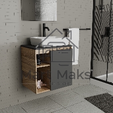 Тумба Bau Dream Blackwood 60 правая, графит, раковина BAU Cerama 48х37 белая, смеситель Hotel Dream Black, нерж. сталь, черный