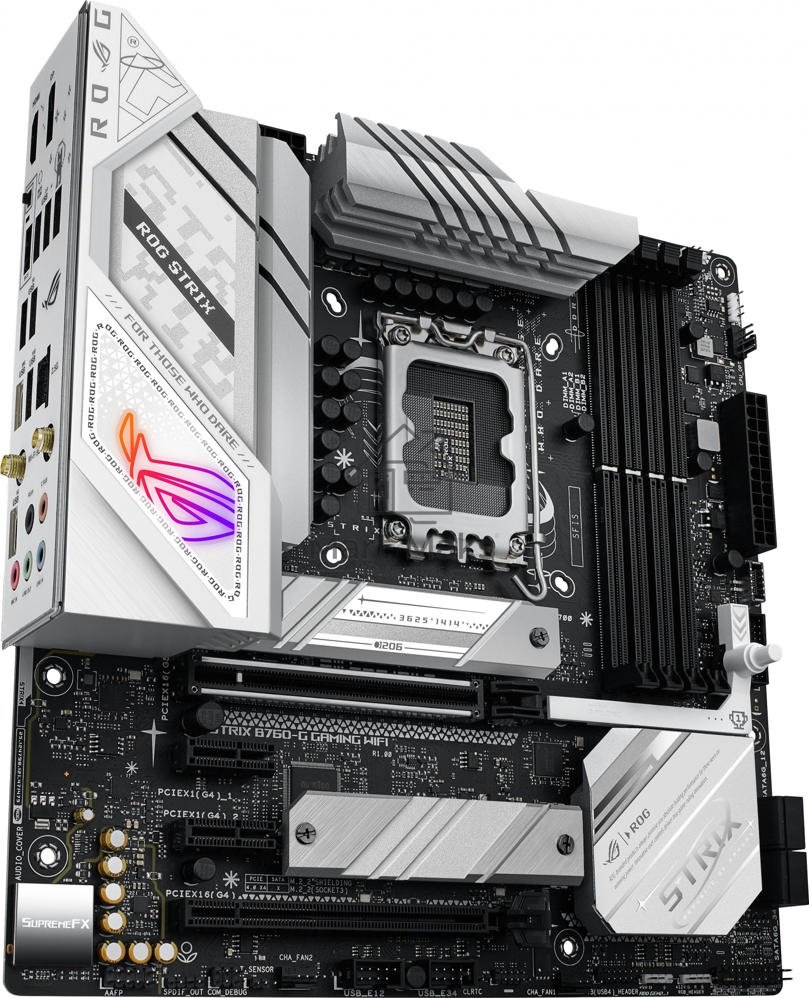 Материнская плата ASUS ROG STRIX B760-G GAMING WIFI, LGA 1700, Intel B760, 4xDDR5, 4xSATA, 2xM.2, 1xPCIe 5.0 x16, 1xPCIe 4.0 x4, 1xHDMI, 1xDP, 1x 2.5Gb LAN, 1xUSB-A 3.2 Gen 2, 2xUSB-A 3.2 Gen 1, 4xUSB-A 2.0, 1xUSB-C 3.2 Gen 1, 1xUSB-C 3.2 Gen 2x2, 5x3.5 м
