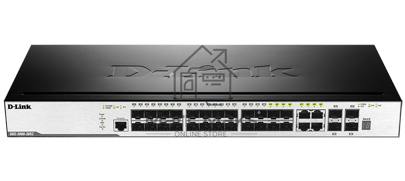 Управляемый стекируемый коммутатор D-Link DGS-3000-28SC/A1A 2 уровня с 20 портами 100/1000Base-X SFP, 4 комбо-портами 10/100/1000Base-T/SFP и 4 портами 10GBase-X SFP+