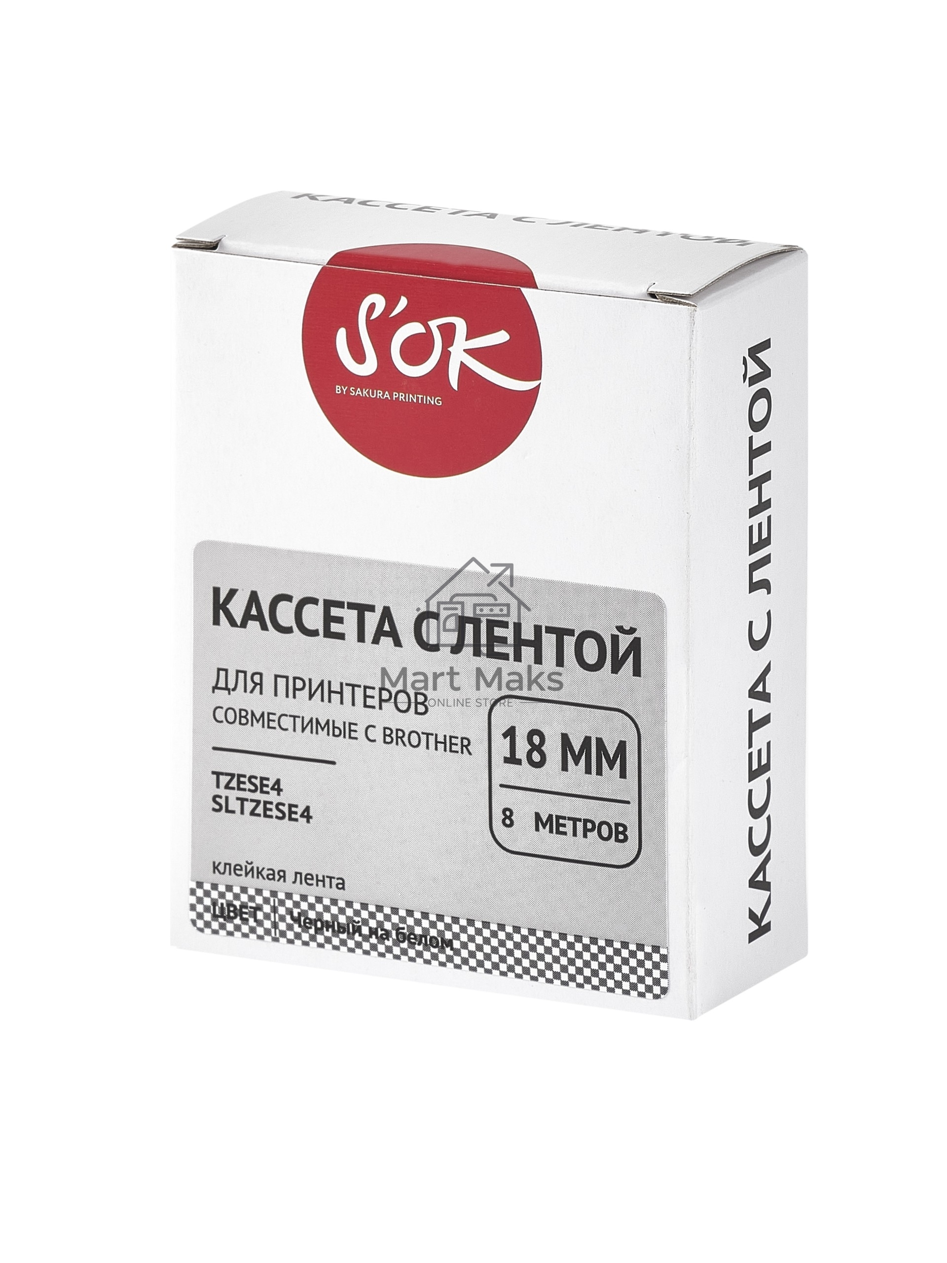 Кассета с лентой S'OK by Sakura Printing TZESE4 для Brother, черный на белом, 18мм/8м, наклейка