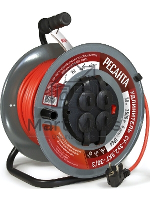 Удлинитель силовой Ресанта СУ-3х2,5КГ-30/3 (61/118/9) 2x1.0кв.мм 4розет. 40м ПВС катушка серый