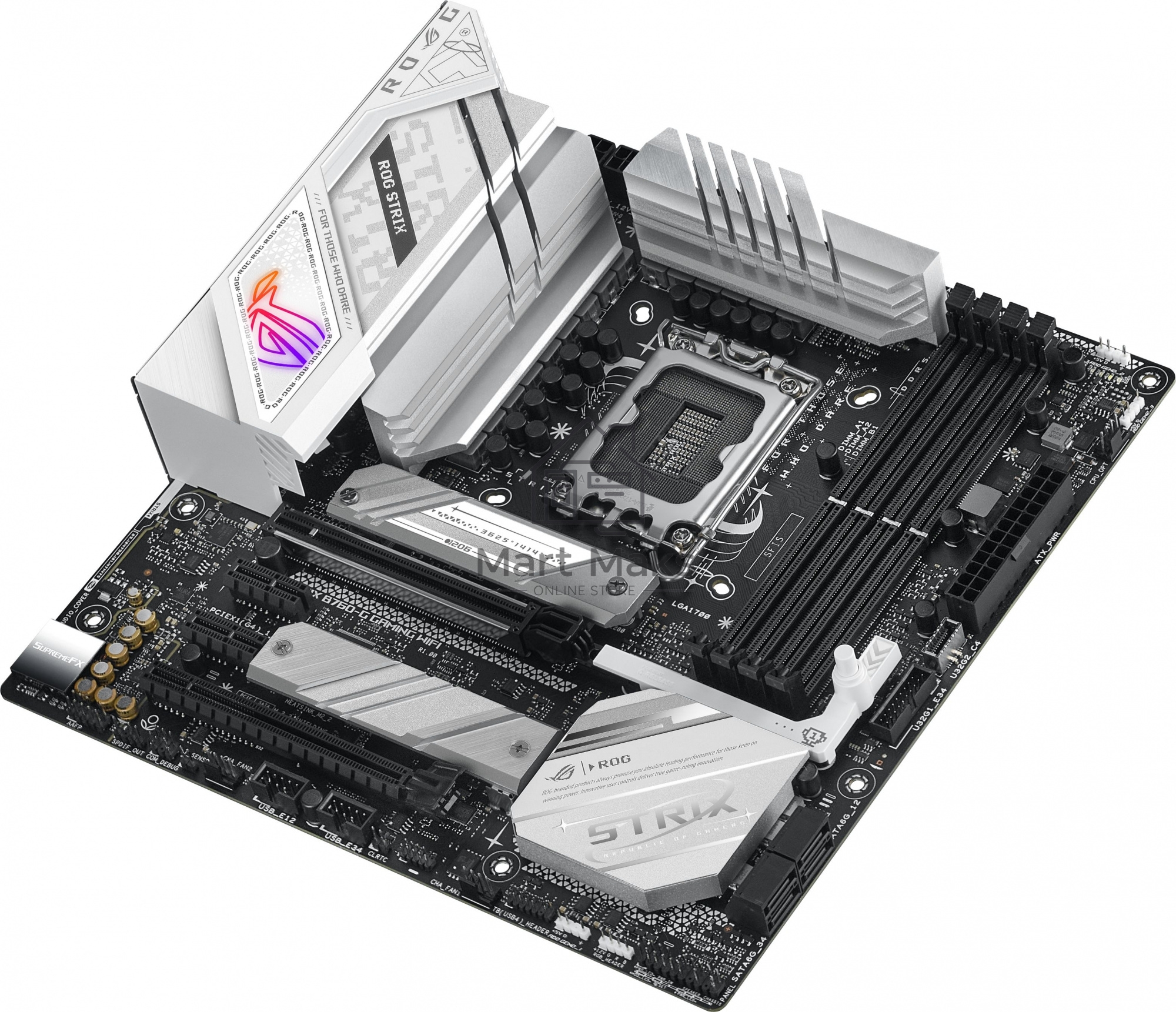 Материнская плата ASUS ROG STRIX B760-G GAMING WIFI, LGA 1700, Intel B760, 4xDDR5, 4xSATA, 2xM.2, 1xPCIe 5.0 x16, 1xPCIe 4.0 x4, 1xHDMI, 1xDP, 1x 2.5Gb LAN, 1xUSB-A 3.2 Gen 2, 2xUSB-A 3.2 Gen 1, 4xUSB-A 2.0, 1xUSB-C 3.2 Gen 1, 1xUSB-C 3.2 Gen 2x2, 5x3.5 м