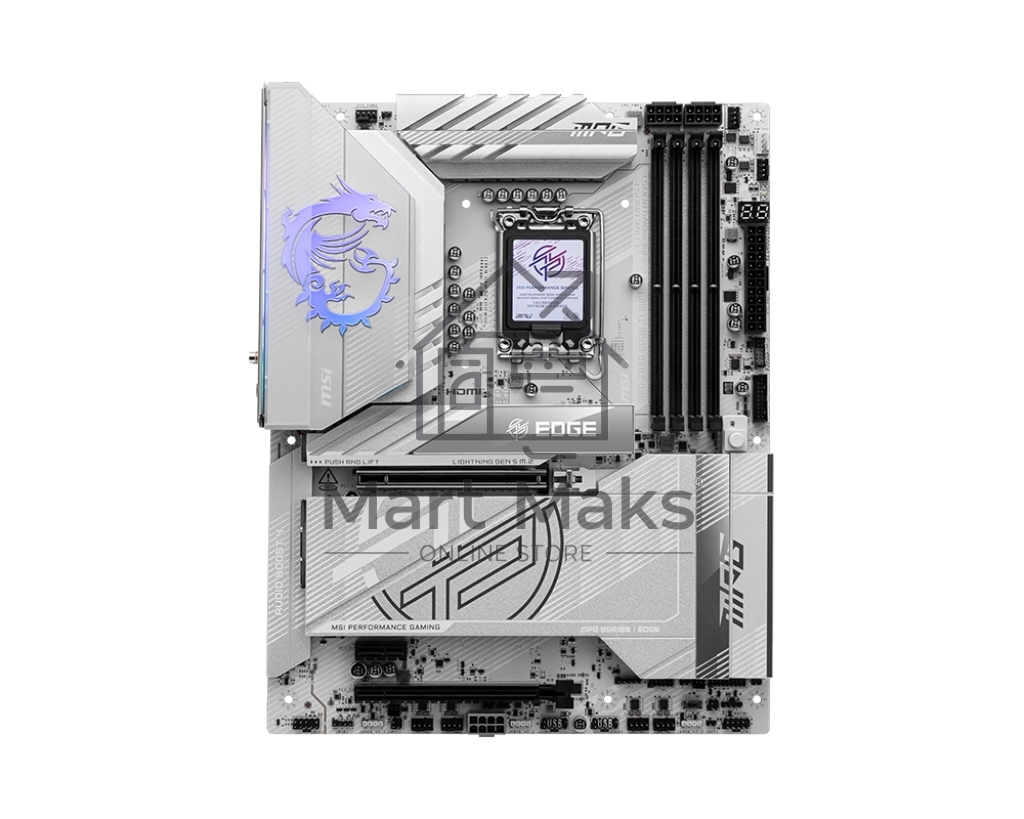 Материнская плата MSI MPG Z890 EDGE TI WIFI, LGA 1851, Intel Z890, 4xDDR5, 4xSATA, 5xM.2, 1xPCIe 5.0 x16, 1xPCIe 4.0 x4, 1xPCIe x1, 1xHDMI, 1x5Gb LAN, 1xUSB-A 2.0, 4xUSB-A 3.2 Gen 1, 4xUSB-A 3.2 Gen 2, 1xUSB-C 3.2 Gen 2, 2xUSB-C TB4, 2x3.5 мм, 7.1, ATX