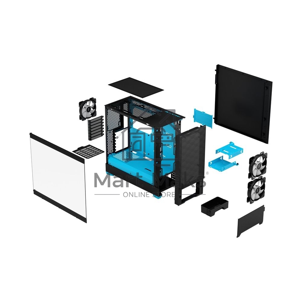 Корпус ПК без блока питания Fractal Design Pop Air RGB Cyan Core TG Clear Tint, Midi-Tower, 3x120mm RGB, 2xUSB-A 3.2 ATX, mATX, mITX черный/циан