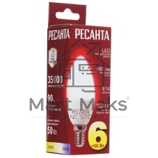 Лампа светодиодная Ресанта LL-R-C37-6W-230-3K-E14 свеча, 6 Вт, теплый, Е14