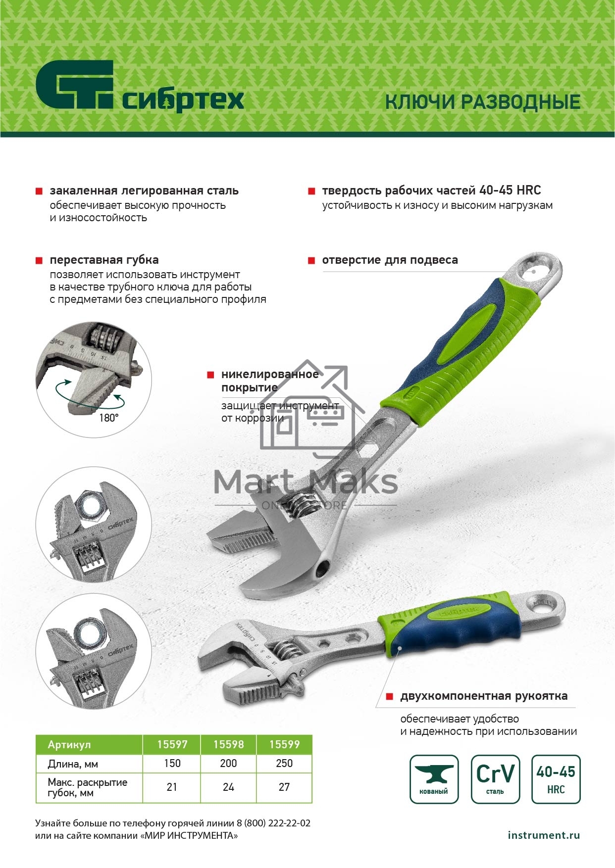 Ключ разводной, 200мм, переставная губка, двухкомпонентная рукоятка Сибртех