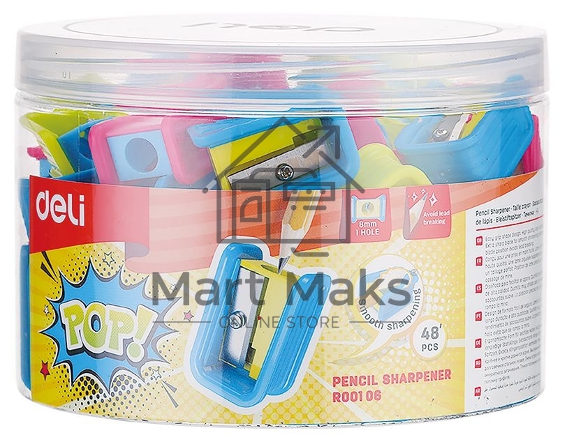 Точилка для карандашей ручная Deli ER00106 PoP, 1 отверстие, пластик, ассорти, туба
