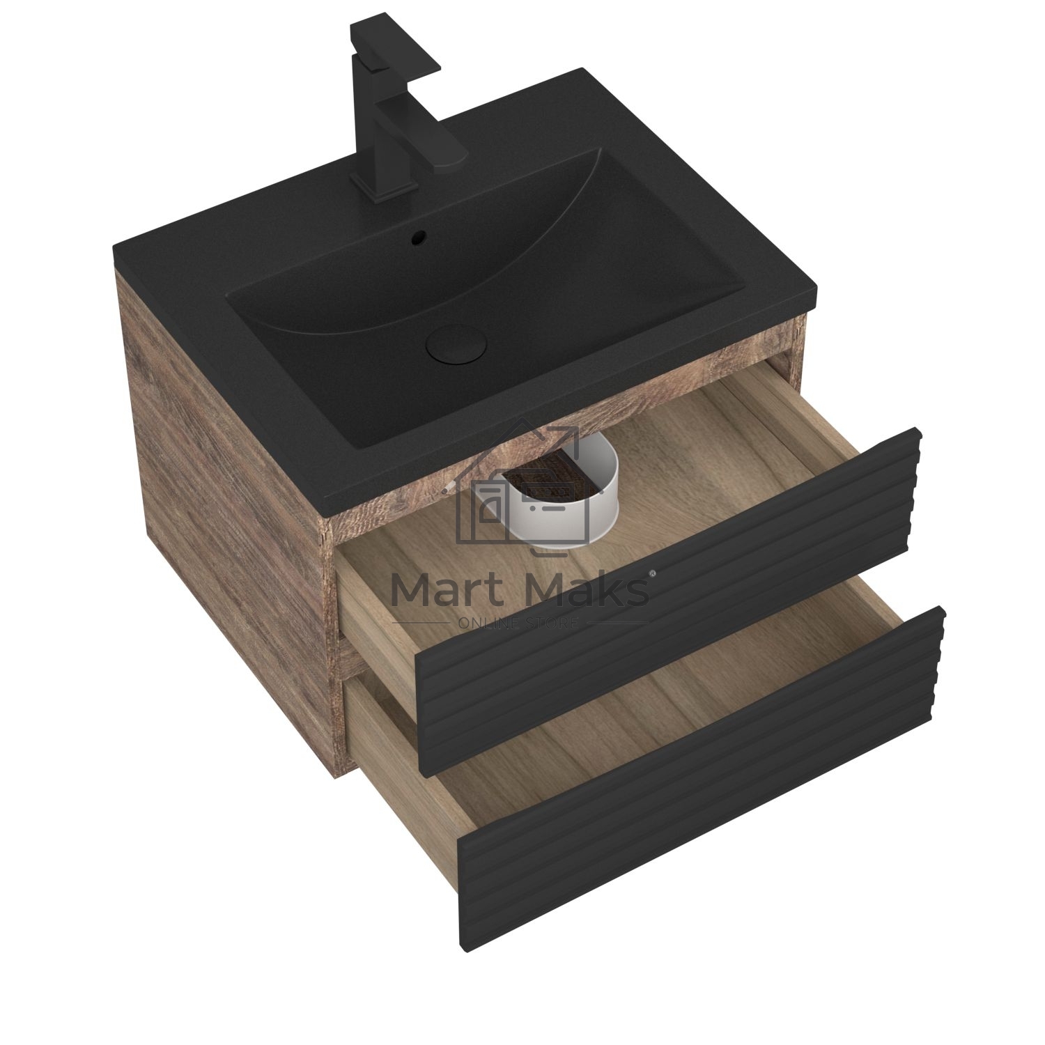 Тумба под раковину Bau Stil Loft black brushed, раковина кварцевая BAU Stil 58, черный металлик, смеситель Hotel Black, черный