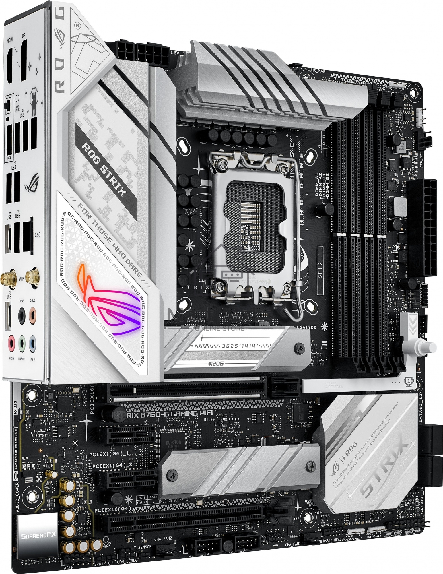 Материнская плата ASUS ROG STRIX B760-G GAMING WIFI, LGA 1700, Intel B760, 4xDDR5, 4xSATA, 2xM.2, 1xPCIe 5.0 x16, 1xPCIe 4.0 x4, 1xHDMI, 1xDP, 1x 2.5Gb LAN, 1xUSB-A 3.2 Gen 2, 2xUSB-A 3.2 Gen 1, 4xUSB-A 2.0, 1xUSB-C 3.2 Gen 1, 1xUSB-C 3.2 Gen 2x2, 5x3.5 м
