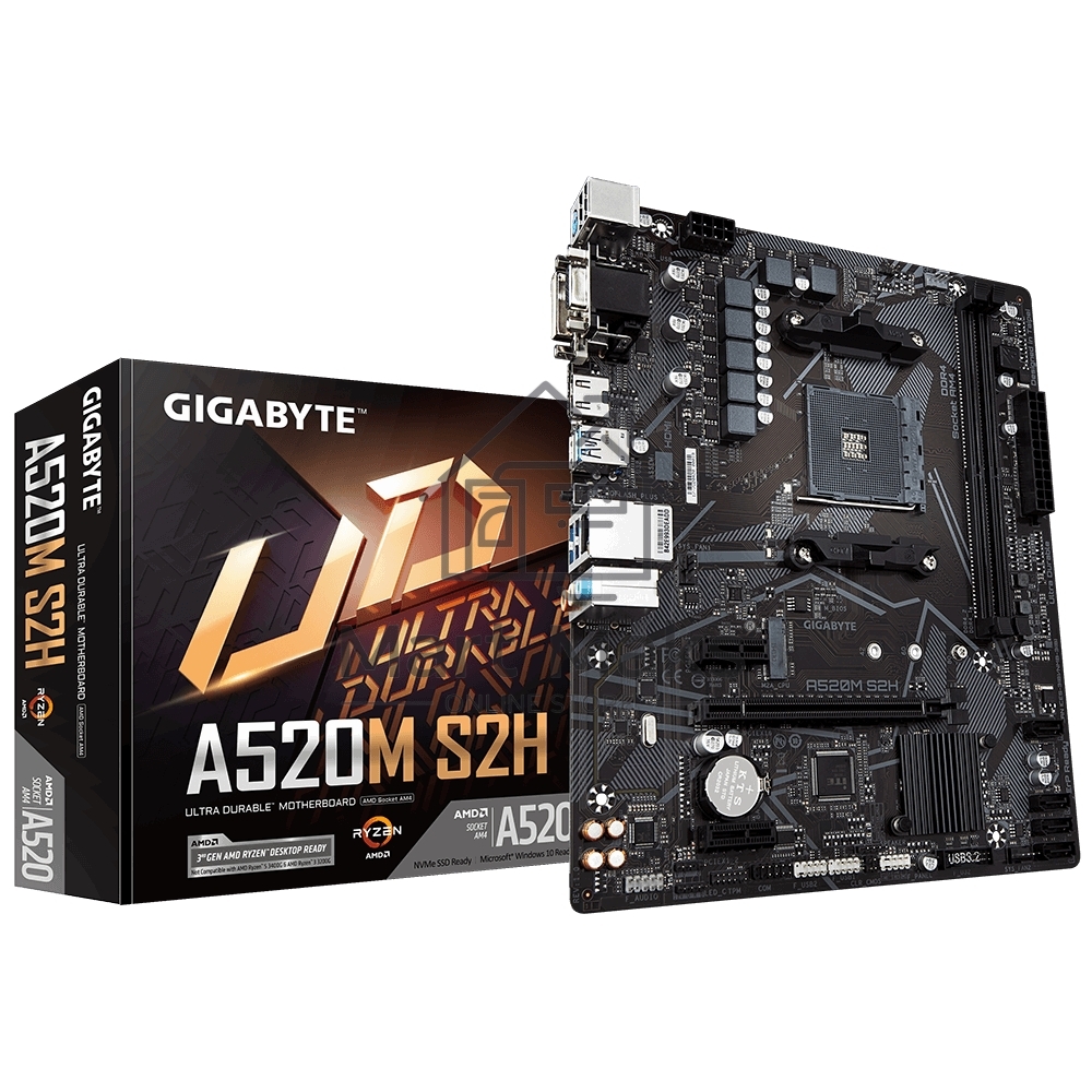 Материнская плата Gigabyte A520M S2H, AM4, AMD A520, 2xDDR4, 4xSATA, 1xM.2, 1xPCIe 3.0 x16, 2xPCIe x1, 1xHDMI, 1xDVI-D, 1xVGA, 1x 1Gb LAN, 4xUSB-A 3.2 Gen 1, 2xUSB-A 2.0, 3x3.5 мм, 7.1, mATX