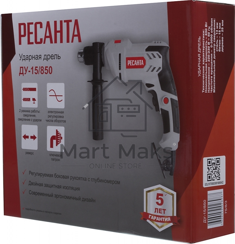 Дрель ударная Ресанта ДУ-15/850 850Вт патрон:кулачковый реверс