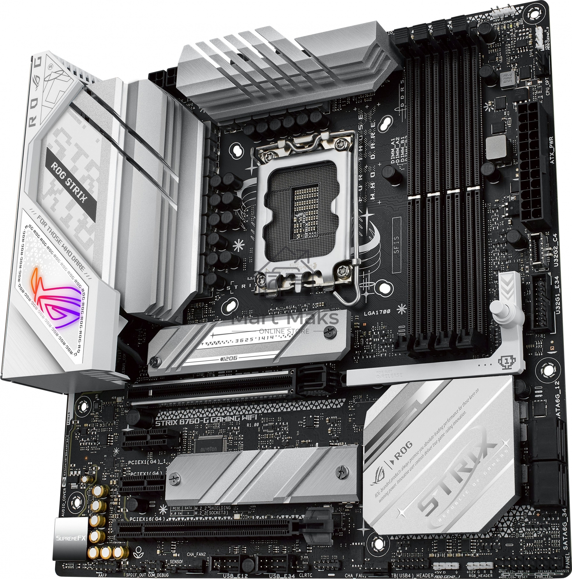 Материнская плата ASUS ROG STRIX B760-G GAMING WIFI, LGA 1700, Intel B760, 4xDDR5, 4xSATA, 2xM.2, 1xPCIe 5.0 x16, 1xPCIe 4.0 x4, 1xHDMI, 1xDP, 1x 2.5Gb LAN, 1xUSB-A 3.2 Gen 2, 2xUSB-A 3.2 Gen 1, 4xUSB-A 2.0, 1xUSB-C 3.2 Gen 1, 1xUSB-C 3.2 Gen 2x2, 5x3.5 м