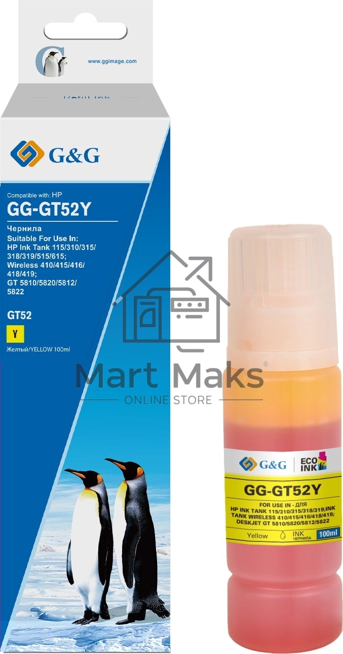 Чернила G&G GG-GT52Y желтый100мл для HP Ink Tank 110/115/116/118/310/315/316/318/319