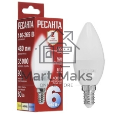 Лампа светодиодная Ресанта LL-R-C37-6W-230-4K-E14 свеча, 6 Вт, нейтр., Е14