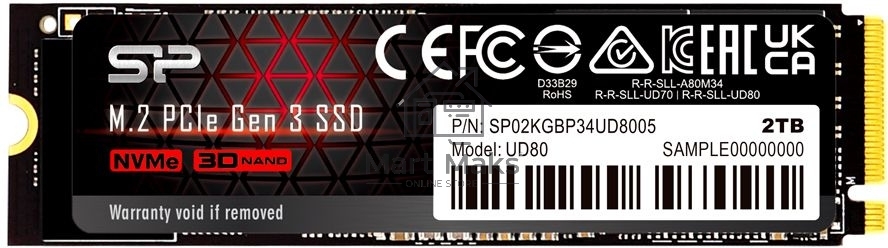 Накопитель SSD Silicon Power UD80, 2TB, M.2 2280, PCIe 3.0 x4, NVMe, R/W 3400/3000