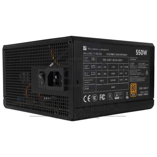 Блок питания Thermalright TR-TB550S, 550W 80+ Bronze (ATX, 3, Non-modular, 1x24(20+4)pin 550mm, 1xCPU*2 8(4+4)pin 600+150mm, 1xPCIe 8(6+2)pin 450mm, 1xSATA*3+MOLEX4pin*1 400+150+150+150mm, 1xSATA*2+MOLEX4pin*2 400+150+150+150mm, Active, 120x120mm, 150x140