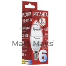 Лампа светодиодная Ресанта LL-R-C37-6W-230-4K-E14 свеча, 6 Вт, нейтр., Е14
