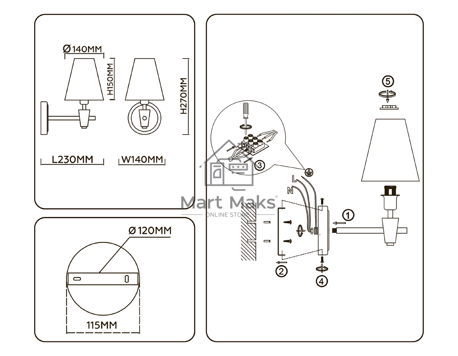 Настенный светильник Ambrella light LH75047 BS/WH латунь/белый E14 max 40W 230*140*270