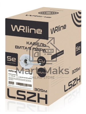 Кабель витая пара, неэкранированный U/UTP, категория 5e, 4 пары (24 AWG), одножильный,внутренний, LSZH, нг(A)-HF, серый, 305 м WRLine WR-UTP-4P-C5E-LSZH-GY