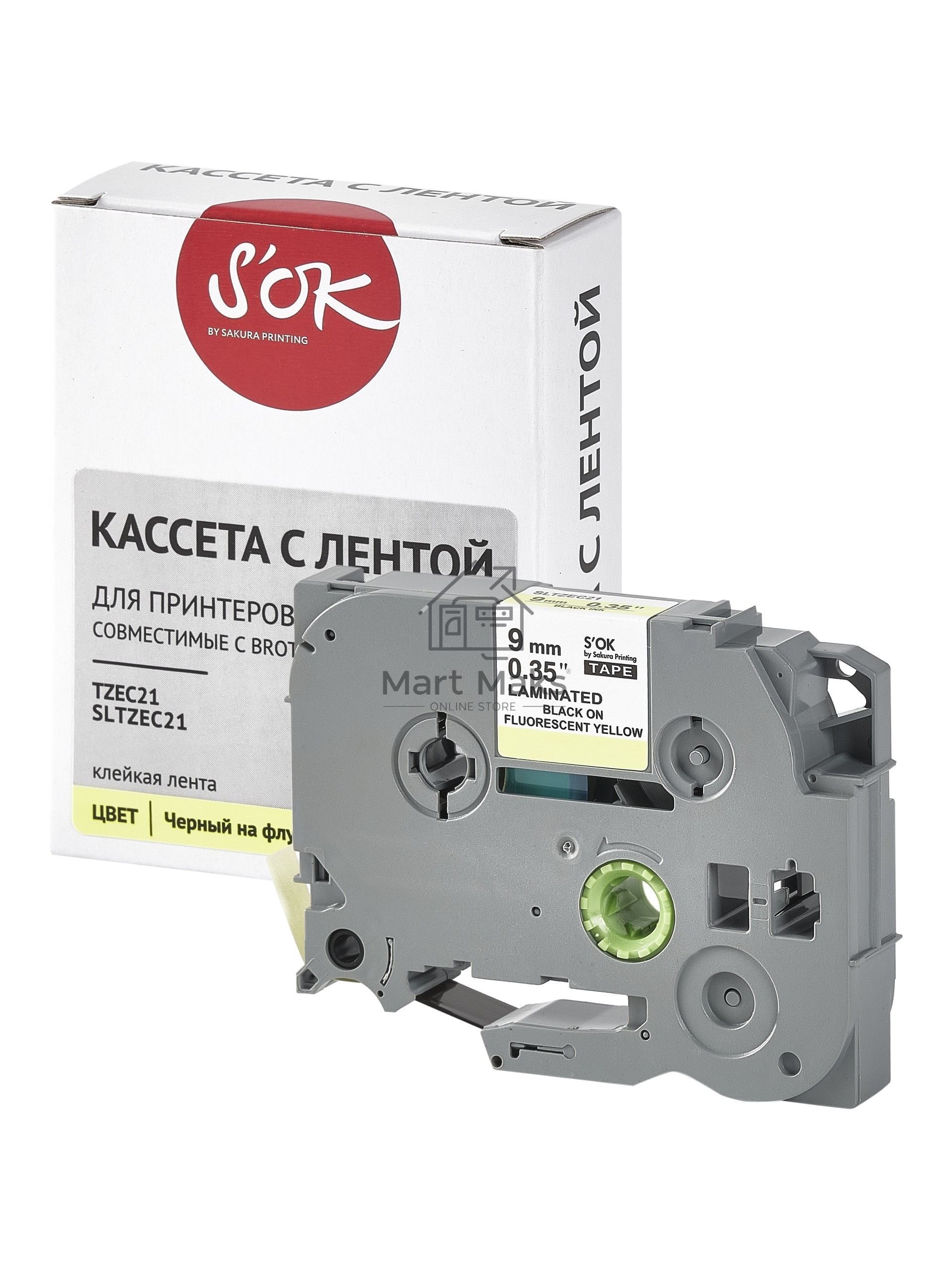 Кассета с лентой S'OK by Sakura Printing TZEC21 для Brother, черный на желтом, 9мм/8м, наклейка