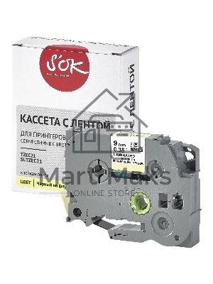 Кассета с лентой S'OK by Sakura Printing TZEC21 для Brother, черный на желтом, 9мм/8м, наклейка