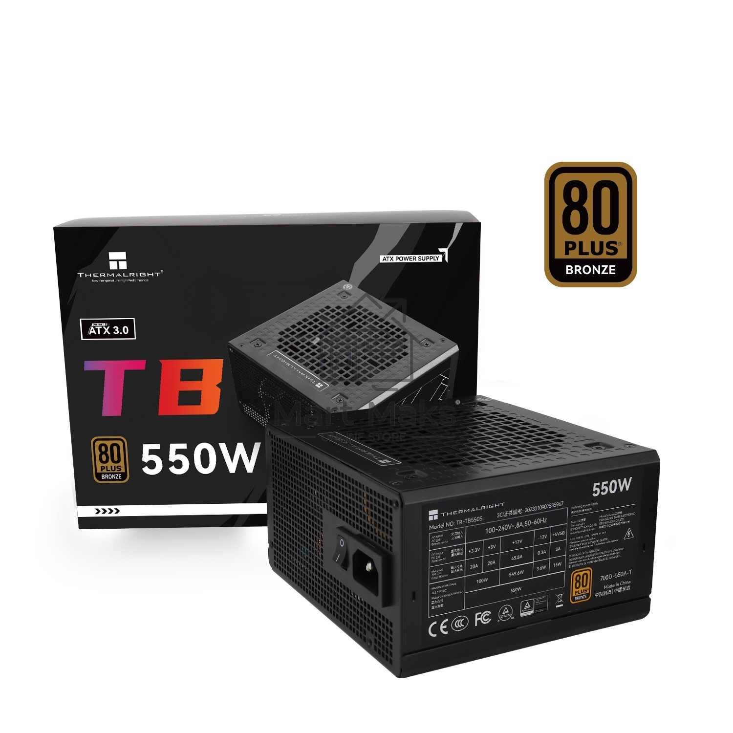 Блок питания Thermalright TR-TB550S, 550W 80+ Bronze (ATX, 3, Non-modular, 1x24(20+4)pin 550mm, 1xCPU*2 8(4+4)pin 600+150mm, 1xPCIe 8(6+2)pin 450mm, 1xSATA*3+MOLEX4pin*1 400+150+150+150mm, 1xSATA*2+MOLEX4pin*2 400+150+150+150mm, Active, 120x120mm, 150x140