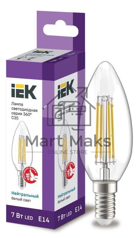 Лампа cветодиодная LED C35 IEK LLF-C35-7-230-40-E14-CL свеча прозр. 7Вт 230В 4000К E14 серия 360°
