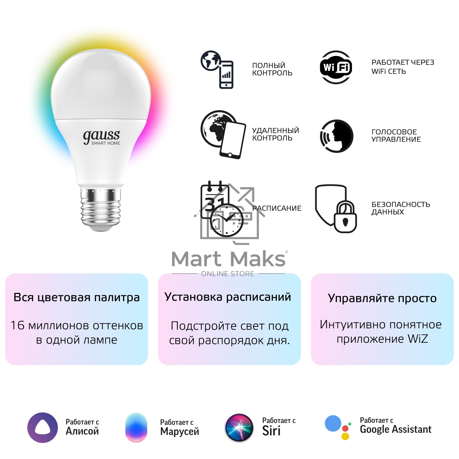 Лампа Светодиодная Gauss Smart Home RGBW E27 A60 10 Вт 2700-6500K 1/10/100