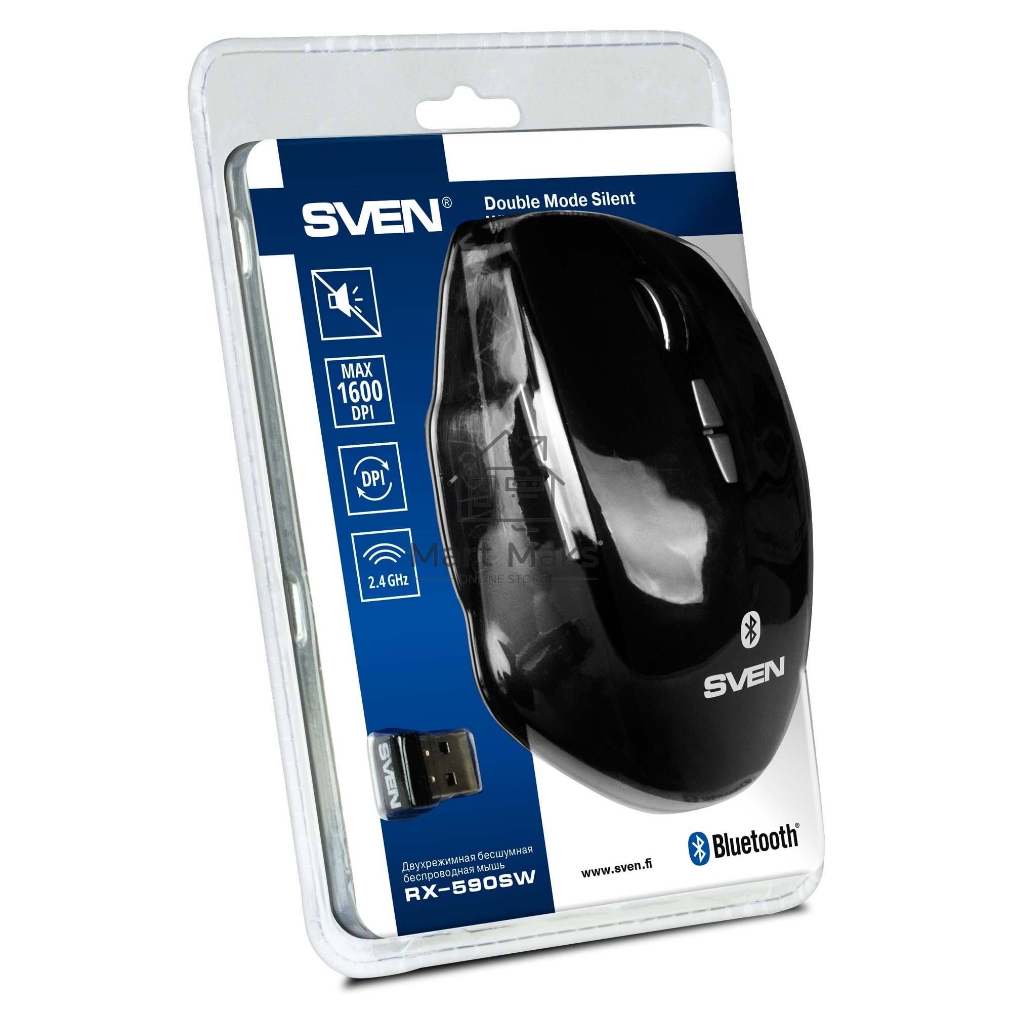 Мышь беспроводная SVEN RX-590SW черный, 1600 dpi, радиоканал, Bluetooth, USB, кнопки - 7