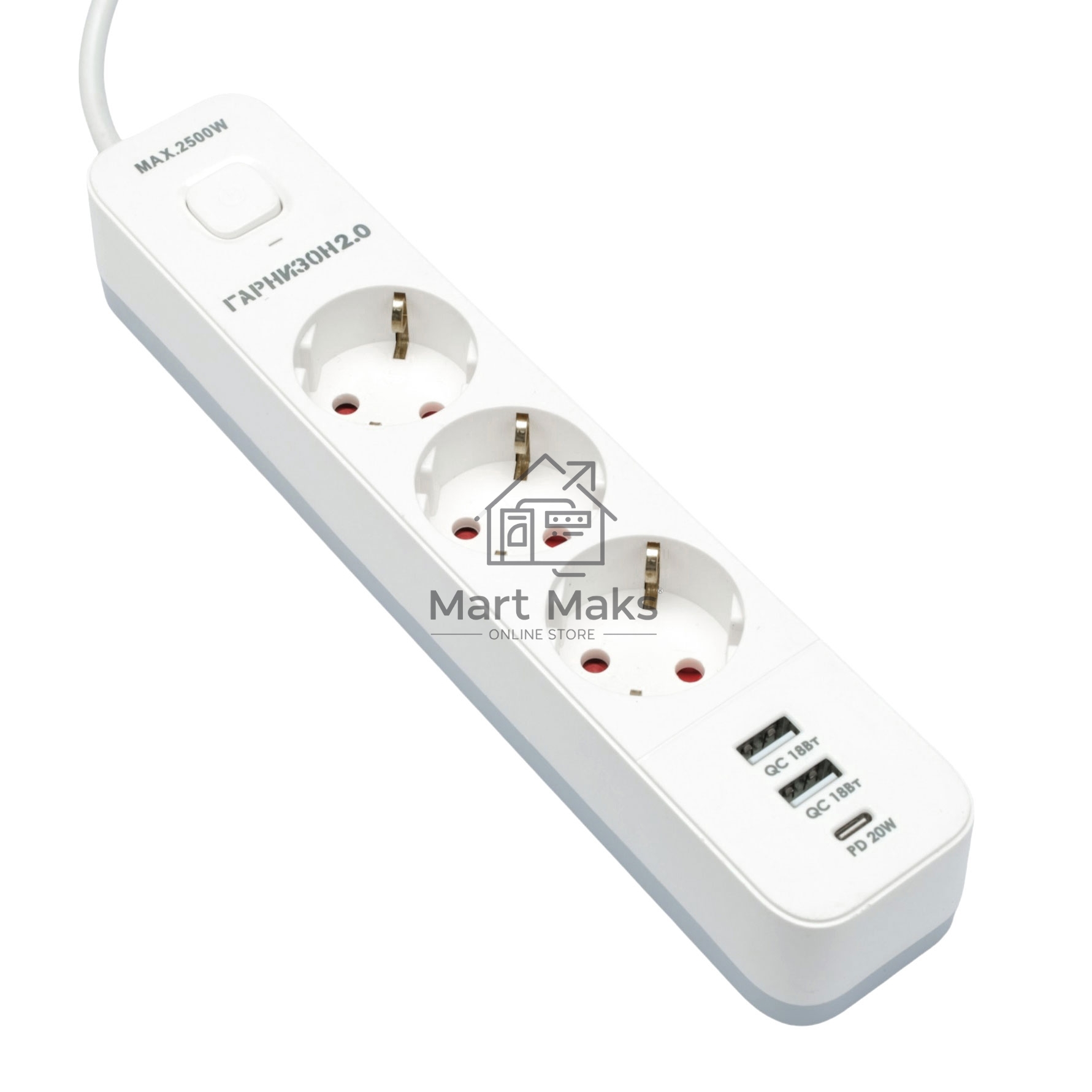 Сетевой фильтр Гарнизон EPS-3-CU2-W-2 2.0 Мультипорт 3р, 10А, 1xType-C PD, 2 х USB QC, 2м, ур.защиты 2+, белый, пак (21448)